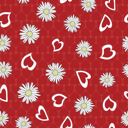 Vector White Yellow Daisy Flowers with Valentine Hearts on Red Background Seamless Repeat Pattern. Background for textiles, cards, manufacturing, wallpapers, print, gift wrap and scrapbooking. Vector illustration in eps10 and jpeg for surface design.のイラスト素材