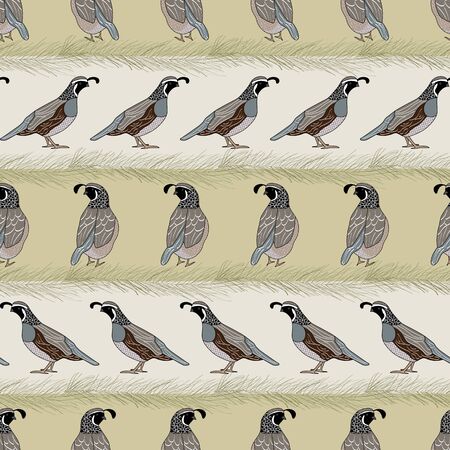 Vector Quail Birds and Pine Boughts on Beige Gold Stripes Seamless Repeat Pattern. Background for textile, book covers, manufacturing, wallpapers, print, gift wrap and scrapbooking.のイラスト素材