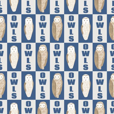 Vector Brown Floral Owls on Blue and Beige Background with Text Seamless Repeat Pattern. Background for textiles, cards, manufacturing, wallpapers, print, gift wrap and scrapbooking.のイラスト素材