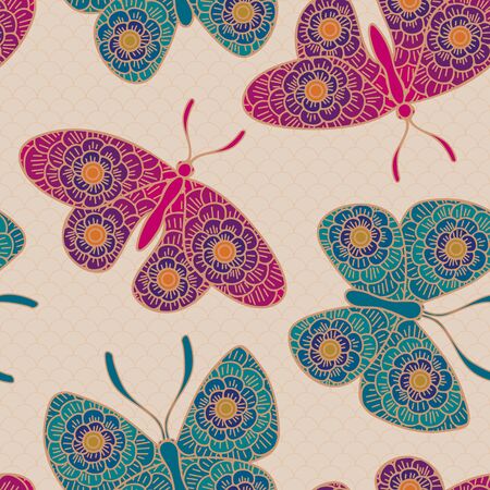 Vector Blue Green Pink Purple Butterflies with Floral Wings on Beige Background. Background for textiles, cards, manufacturing, wallpapers, print, gift wrap and scrapbooking.のイラスト素材