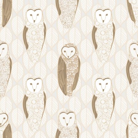 Vector Brown Floral Owls on Beige Background with Leaves Seamless Repeat Pattern. Background for textiles, cards, manufacturing, wallpapers, print, gift wrap and scrapbooking.のイラスト素材