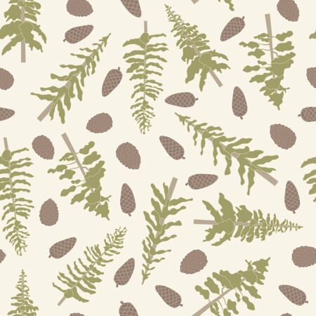 Vector Green Trees and Pinecones on Beige Background Seamless Repeat Pattern. Background for...