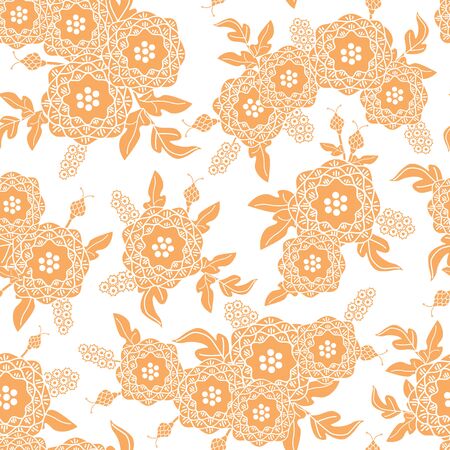 Vector Flower Silhouettes in Orange on White Background Seamless Repeat Pattern. Background for textiles, cards, manufacturing, wallpapers, print, gift wrap and scrapbooking.のイラスト素材
