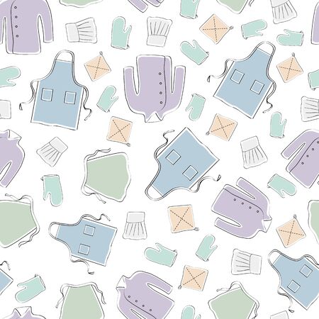 Vector Chef Coat Aprons Potholders Hats in Purple Green Blue Yellow Peach on White Background Seamless Repeat Pattern. Background for textiles, cards, manufacturing, wallpapers, print, gift wrap and scrapbooking.のイラスト素材