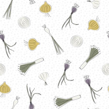 Vector Vegetables Onions Garlic Shallots Leeks on White Seamless Repeat Pattern.のイラスト素材