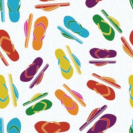 Vector Flip Flop Shoes in Red Purple Green Yellow Orange Blue on White Background Seamless Repeat Pattern.のイラスト素材
