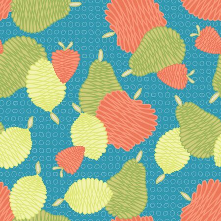 Vector Fruit Apples Pears Strawberries Lemons on Blue Seamless Repeat Pattern. Background for textiles, cards, manufacturing, wallpapers, print, gift wrap and scrapbooking.のイラスト素材