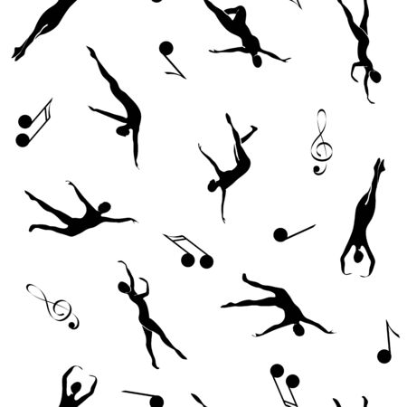 Vector Ballet Dancers and Music Notes in Black on White Seamless Repeat Pattern. Background for textiles, cards, manufacturing, wallpapers, print, gift wrap and scrapbooking.のイラスト素材