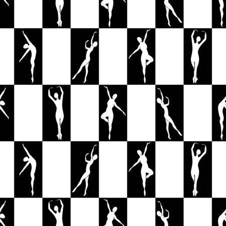 Vector Ballet Dancers in White on Black Rectangles Seamless Repeat Pattern. Background for textiles, cards, manufacturing, wallpapers, print, gift wrap and scrapbooking.のイラスト素材