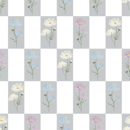 Vector Flowers Daisies in Purple Blue White with Green Leaves on Gray White Background Seamless Repeat Pattern. Background for textiles, cards, manufacturing, wallpapers, print, gift wrap and scrapbooking.のイラスト素材