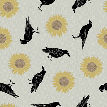 Vector Yellow Sunflowers and Crows Scattered on Taupe Background Seamless Repeat Pattern.のイラスト素材