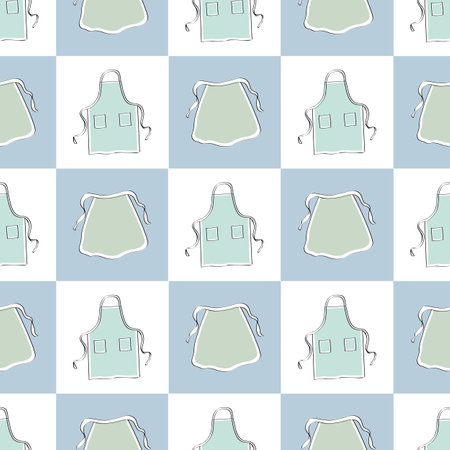 Vector Aprons in Green on Blue White Squares Background Seamless Repeat Pattern. Background for textiles, cards, manufacturing, wallpapers, print, gift wrap and scrapbooking.のイラスト素材