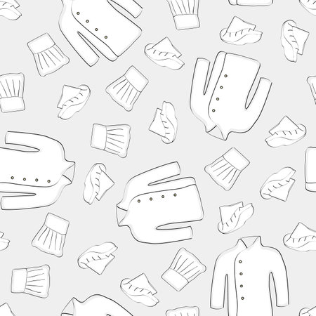 Vector Chef Coat and Hats in White on Gray Background Seamless Repeat Pattern. Background for textiles, cards, manufacturing, wallpapers, print, gift wrap and scrapbooking.のイラスト素材