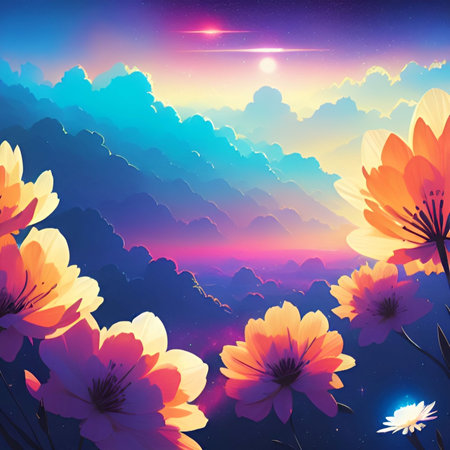 Beautiful landscape with flowers in the mountains at sunset. Vector illustration.の素材