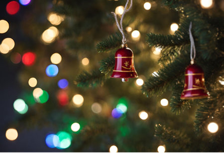 Christmas tree decoration with red bell and colorful bokeh lights.