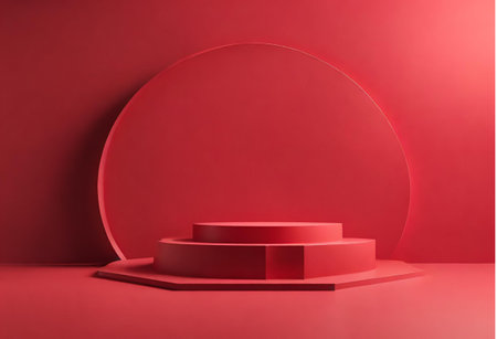 3d rendering of minimal geometric forms. Glossy red podium for your design.の素材