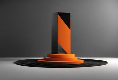 Black and orange podium on a gray background. 3D rendering.の素材