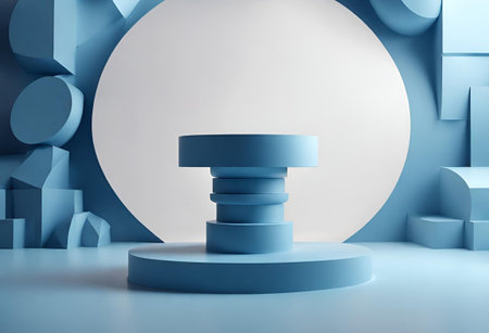 Abstract blue background with geometric shapes and round podium. 3d renderの素材