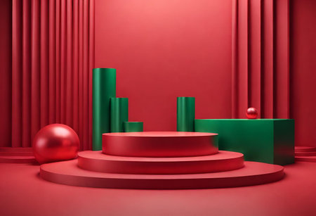 Red podium with red curtains and red ball. 3D rendering.Christmas backgroundの素材