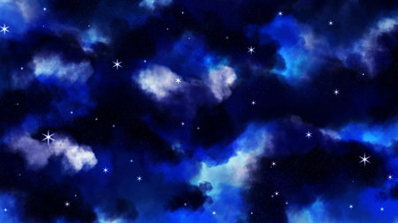 Blue starry night sky with clouds and stars. Abstract background.の写真素材