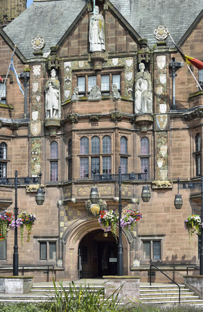 Coventry Council House, High Street, Coventry, WarwickshireTudor-style Grade II-listed building opened 1920Statues of Godiva, Leofric and Justice around the entranceのeditorial素材
