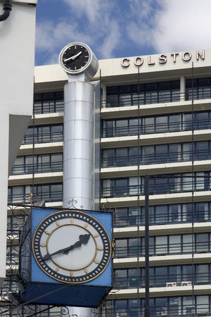 Old Tramways Clock (1897) & New clock on Colston Tower(1973)St Augustines Parade, Bristol City Centreのeditorial素材