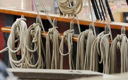 Rigging ropes hanging on Earl Of Pembroke TallshipThree masted Barque, built 1948Gloucester Tall...
