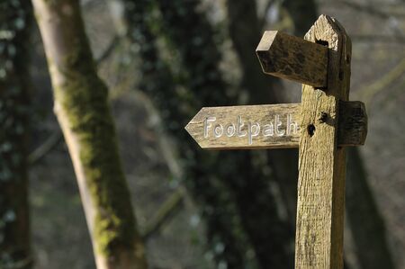 Traditional carved Oak footpath sign, Exmoor, Somersetの写真素材