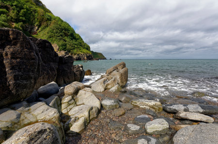 Lee Bay and Crock Point behind, Exmoor, Devon, UKの写真素材