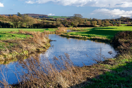 Winter Sunshine on the River Frome near Stonepitts Bridge, Fromebridge Mill, Berkeley Vale, Gloucestershire, UKの写真素材