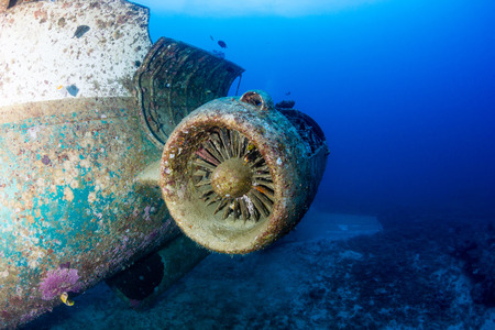 Corroding remains of a jet engine on an underwater aircraft wreckの写真素材