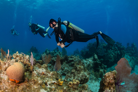 Female SCUBA diver on a tropical coral reefの写真素材