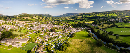 The small town of Crickhowell in South Wales viewed from the airの写真素材