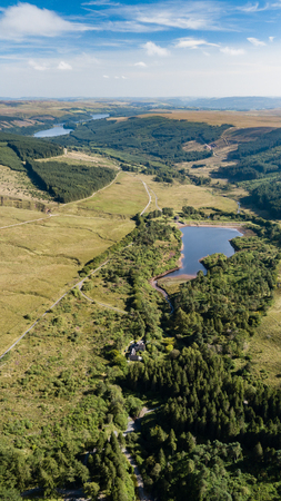 Aerial view of upland reservoirs and lakes in a rural areaの写真素材