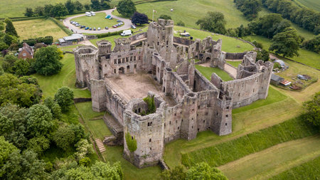 Aerial view of Raglan Castle in Monmouthshire, South Wales, UKのeditorial素材