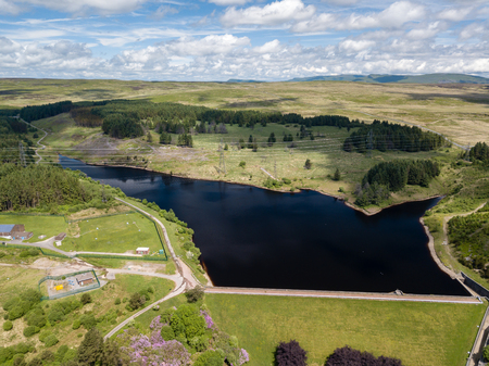 Aerial view of the Carno and Garnlydan reservoirs near the town of Ebbw Vale in the South Wales valleysの写真素材