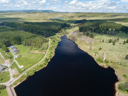 Aerial view of the Carno and Garnlydan reservoirs near the town of Ebbw Vale in the South Wales valleysの写真素材