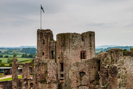 Walls and towers of a ruined ancient medieval castle (Raglan Castle)のeditorial素材