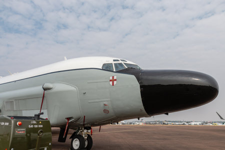 RAF FAIRFORD, ENGLAND - July 13, 2018: An RAF Rivet Joint RC-135W Intelligence aircraft at the Royal International Air Tattoo 2018 at RAF Fairford, Englandのeditorial素材