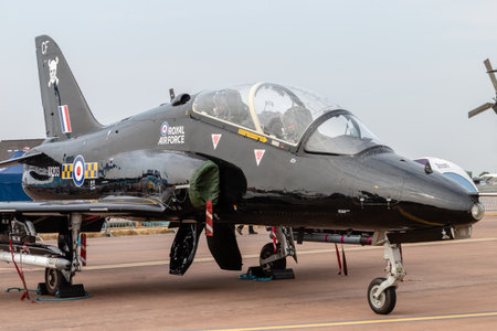 RAF FAIRFORD, ENGLAND - July 13, 2018: An RAF Hawk trainer jet on display at the Royal International...
