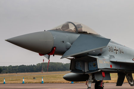 FAIRFORD, ENGLAND - JULY 13: A Luftwaffe Eurofighter Typhoon multirole fighter at the Royal International Air Tattoo on July 13, 2018 at RAF Fairford, England.のeditorial素材
