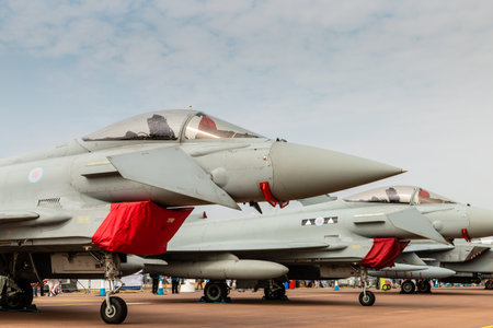 RAF FAIRFORD, ENGLAND - July 13, 2018: A Royal Air Force Eurofighter Typhoon FGR4 at the Royal International Air Tattoo 2018 at RAF Fairford, Englandのeditorial素材