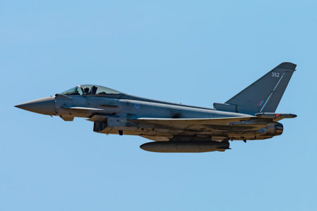 RNAS YEOVILTON, ENGLAND - July 07, 2018: A Royal Air Force Eurofighter Typhoon FGR4 aircraft at the Yeovilton Air Day 2018 at RNAS Yeovilton, Englandのeditorial素材