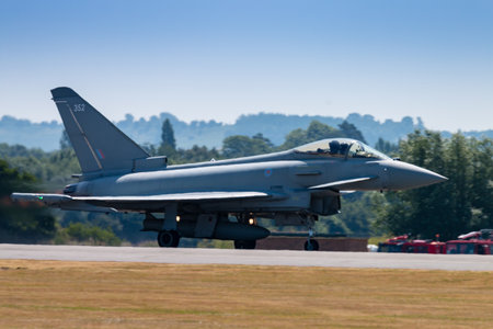 RNAS YEOVILTON, ENGLAND - July 07, 2018: A Royal Air Force Eurofighter Typhoon FGR4 aircraft at the Yeovilton Air Day 2018 at RNAS Yeovilton, Englandのeditorial素材