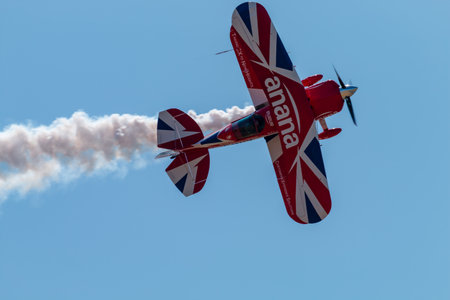RNAS YEOVILTON, ENGLAND - July 07, 2018: A Pitts Special S-2 Biplane performing at the Yeovilton Air Day at RNAS Yeovilton, Englandのeditorial素材