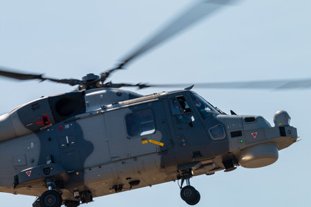 RNAS YEOVILTON, ENGLAND - July 07, 2018: A Royal Navy Rafale Wildcat helicopter performing at the...