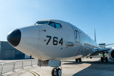 RNAS YEOVILTON, ENGLAND - July 07, 2018: A United States Navy P-8A Poseidon Maritime Patrol Aircraft on display at the Yeovilton International Air Day at RNAS Yeovilton, Englandのeditorial素材