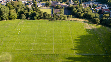 Aerial drone view of a Rugby Union sports pitch marked out before a matchの写真素材