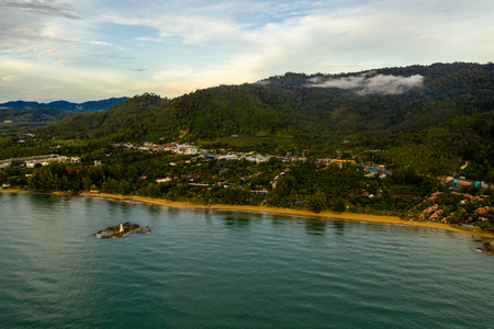 Aerial view of a tropical beach and ocean at sunset (Khao Lak, Thailand)の写真素材