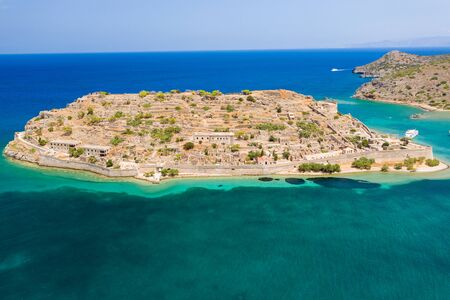 Aerial drone view of the former ancient fortress and leper colony island of Spingalonga on the Greek island of Creteの写真素材